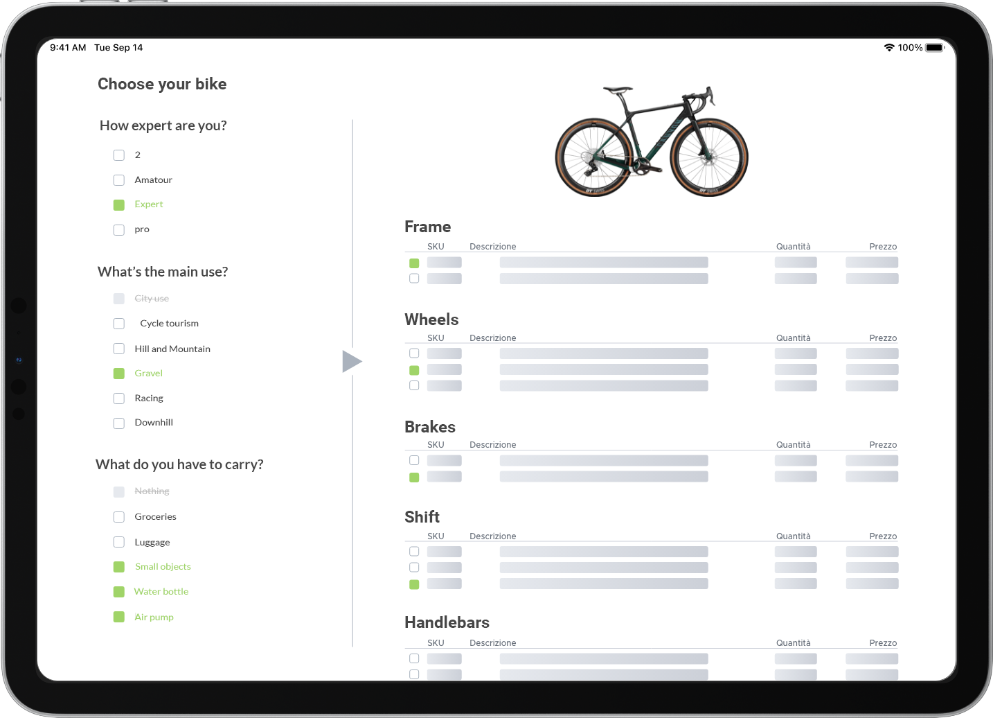 bici configuration of a bike
